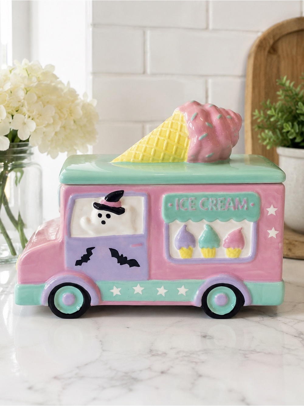 Booville Summerween Ceramic Ice Cream Truck Cookie Jar Pastel Pink & Mint